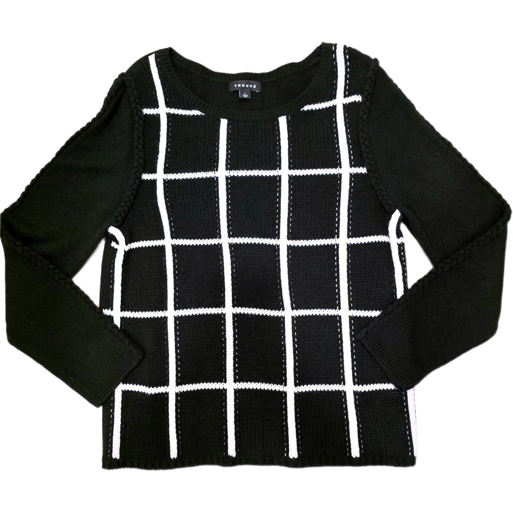Trouvé Black White Windowpane Knit Sweater Womens Large Braided Crew Neck Soft